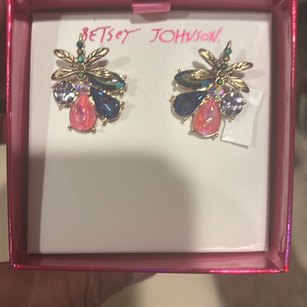 BETSEY JOHNSON Dragonfly Earrings Rhinestones Stud Sparkly Insect NIB